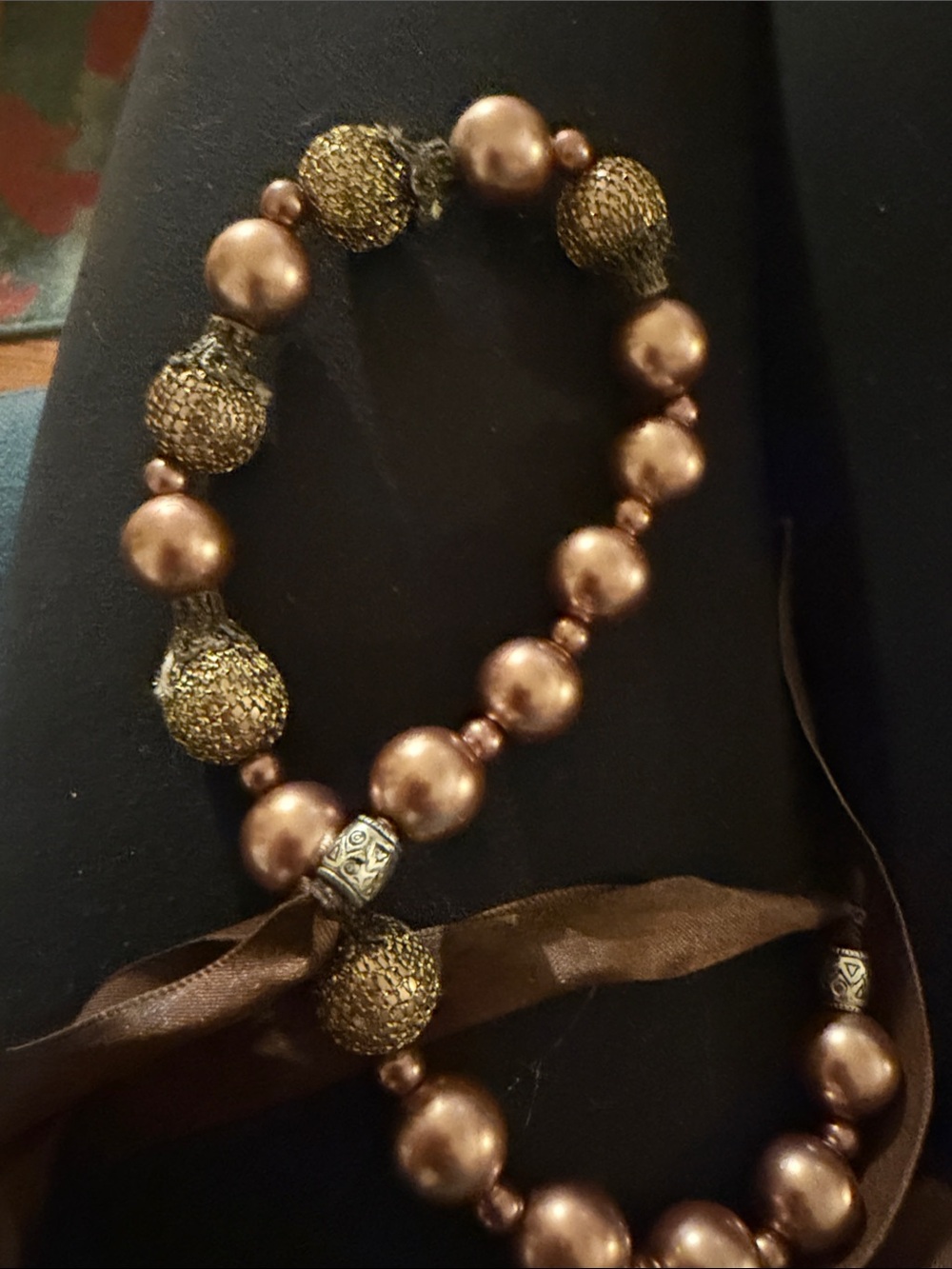 Brown Pearl and Gold-Textured Bead Necklace with Ribbon Tie
